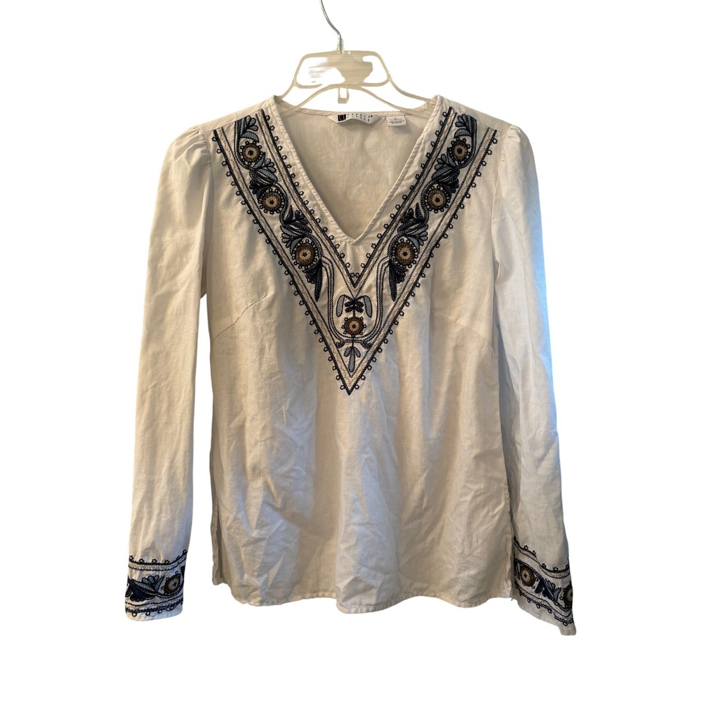 Carole Little White Linen EmbroideredBlouse Boho Coastal Preppy Top Small